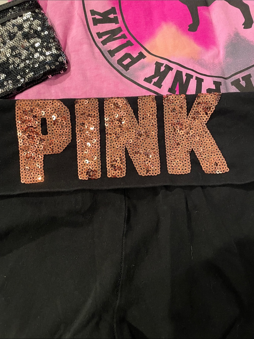 PINK Victoria’s Secret Black YOGA Leggings, sequin Y2K Top and purse - Picture 2 of 16